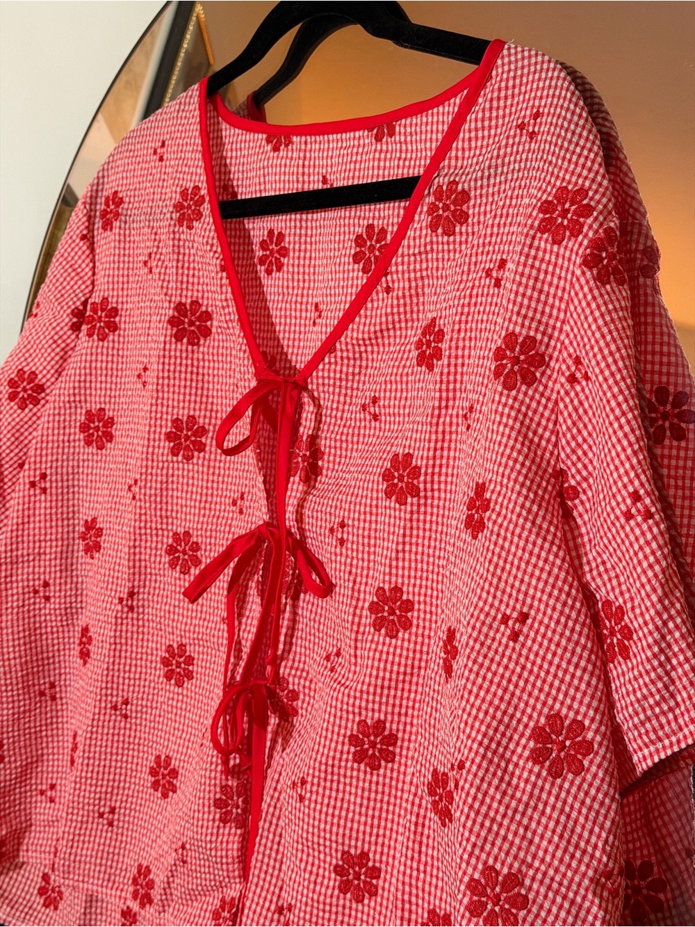 SHEIN Red Floral SET Gingham Tie-Front Women’s Top